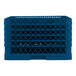 A full-size royal blue plastic glass rack with 16 compartments and a lattice design.