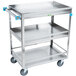 A Lakeside stainless steel utility cart with three shelves.