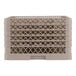 A beige full-size plastic glass rack with 16 compartments and an open lattice design.
