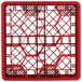 A red plastic Vollrath Traex glass rack with 12 compartments.