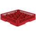 A red plastic Vollrath Traex glass rack with 12 compartments.