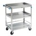 A Lakeside stainless steel utility cart with three shelves and guard rails.
