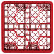A red metal Vollrath Traex glass rack with 12 compartments.