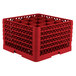 A red Vollrath plastic glass rack with 16 compartments.