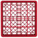 A red Vollrath plastic glass rack with a grid pattern.