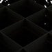 A black square Vollrath Traex glass rack with a grid of small squares and holes.