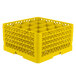 A Vollrath yellow plastic 16-compartment glass rack with open extender on top.