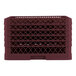 A full-size burgundy plastic glass rack with 16 compartments and an open lattice design.