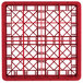 A red plastic Vollrath Traex glass rack with a grid pattern.