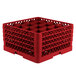 A red plastic Vollrath Traex glass rack with 16 compartments.