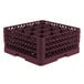 A Vollrath Traex burgundy plastic glass rack with 16 compartments and an open rack extender.