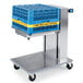 A stainless steel Lakeside mobile tray dispenser on a metal cart.