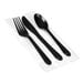 A set of black plastic fork, knife, and spoon placed on a white pre-rolled napkin.