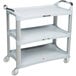 A Lakeside light gray plastic three shelf utility cart with wheels.