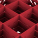 A red square Vollrath glass rack with 16 square compartments.