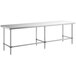 A Regency stainless steel open base work table with a long rectangular top.