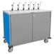 A blue and grey Lakeside condiment dispensing cart with metal taps.