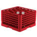 A red plastic Vollrath Traex glass rack with glasses inside.