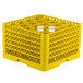 A yellow Vollrath Traex glass rack with glasses inside.