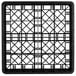 A black plastic Vollrath glass rack with 16 square compartments.