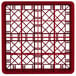 A red Vollrath plastic glass rack with 16 compartments.