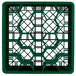 A green Vollrath Traex glass rack with hexagon compartments.