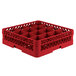A red plastic Vollrath Traex glass rack with 16 compartments.