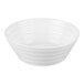 A white porcelain cereal bowl with a ribbed exterior design.