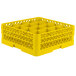 A yellow Vollrath Traex glass rack with 16 compartments.