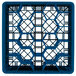 A blue plastic Vollrath Traex glass rack with 20 hexagon compartments.