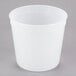 A close-up of a translucent white plastic round deli container.