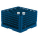A Vollrath blue plastic rack with glasses inside.