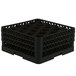 A black Vollrath Traex glass rack with 20 compartments and an open rack extender.