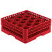 A red Vollrath Traex glass rack with 20 compartments and holes.