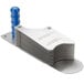 A metal object with a blue plastic pusher assembly handle.