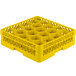 A yellow Vollrath Traex glass rack with 20 compartments and open rack extender on top.