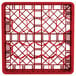 A red plastic Vollrath Traex glass rack with 20 compartments and a grid pattern.