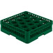 A green plastic Vollrath Traex glass rack with 20 compartments.