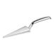 A silver plastic pie server with a triangular blade and a curved handle.