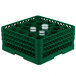 A green plastic Vollrath Traex glass rack with glasses inside.