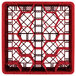 A red plastic Vollrath Traex glass rack with a grid pattern.