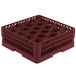 A red plastic Vollrath Traex glass rack with 20 compartments and holes.