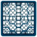 A blue metal Vollrath Traex glass rack with a grid pattern.