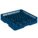 A blue plastic Vollrath Traex glass rack with 20 compartments.