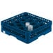A blue plastic Vollrath glass rack with compartments holding glasses.