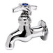 A T&S chrome wall mount faucet with a 4-arm handle.