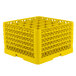 A yellow Vollrath Traex glass rack with a yellow open rack extender on top.
