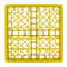 A yellow plastic Vollrath Traex glass rack with 25 compartments and an open rack extender on top.