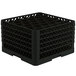 A black plastic Vollrath Traex rack with 30 compartments with grids.