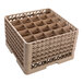 A beige full-size plastic glass rack with 25 compartments for holding glasses.